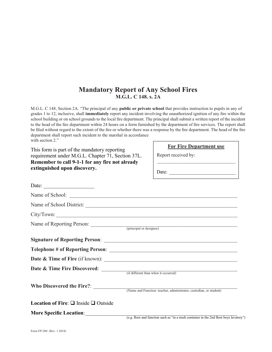Form FP-200 School Fire Reporting Form - Massachusetts, Page 1