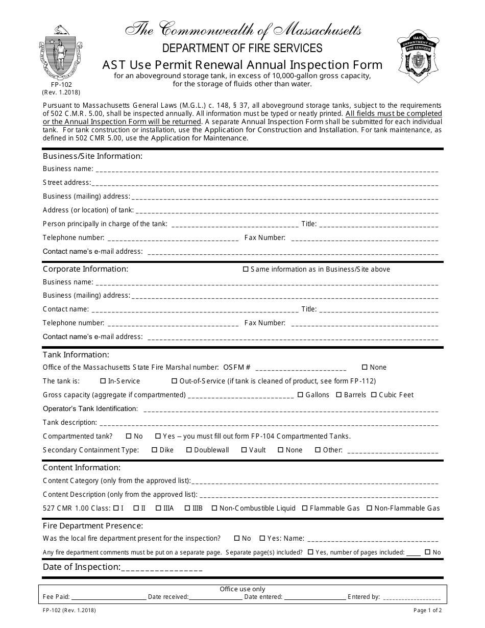 Form FP-102 Ast Use Permit Renewal Annual Inspection Form - Massachusetts, Page 1