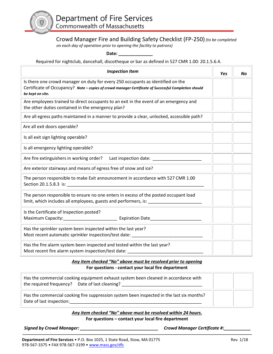 Form FP-250 Crowd Manager Fire and Building Safety Checklist - Massachusetts, Page 1