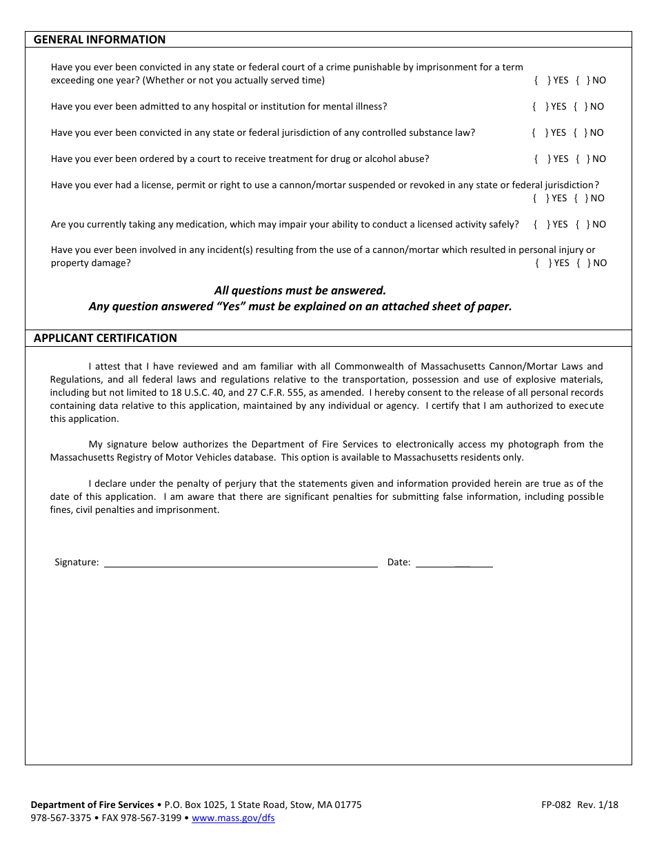 Form FP-082 Application for Cannon / Mortar Certificate of Competency - Massachusetts, Page 2