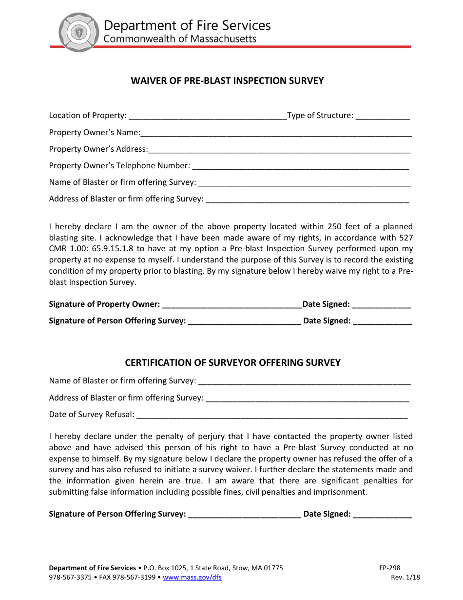 Form Fp 298 Download Printable Pdf Or Fill Online Waiver Of Pre Blast Inspection Survey Massachusetts Templateroller