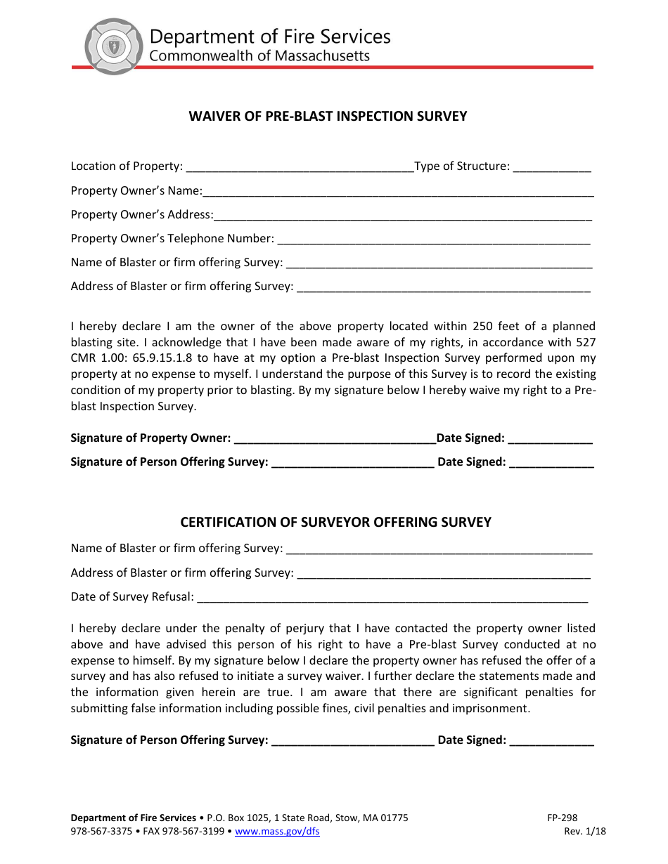 Form FP-298 Waiver of Pre-blast Inspection Survey - Massachusetts, Page 1