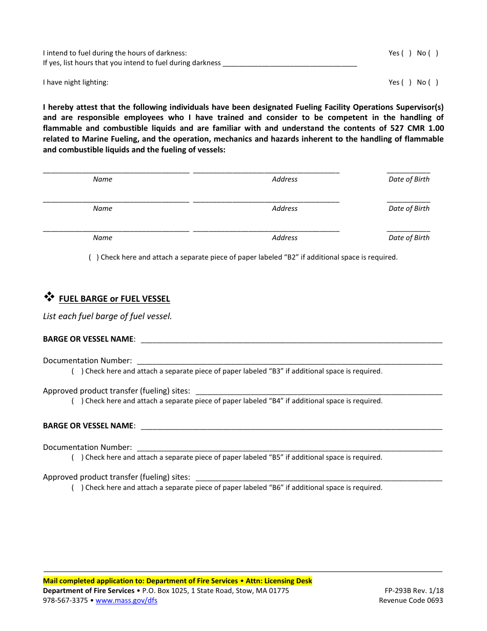 Form FP-293B Barge Application for Marine Fueling Permit - Massachusetts, Page 2