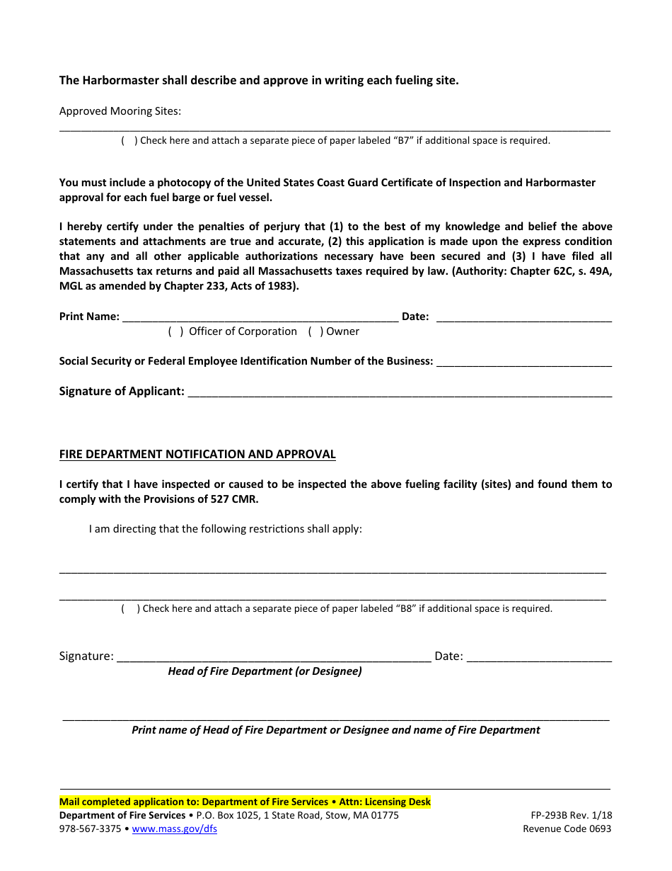 Form FP-293B Barge Application for Marine Fueling Permit - Massachusetts, Page 3