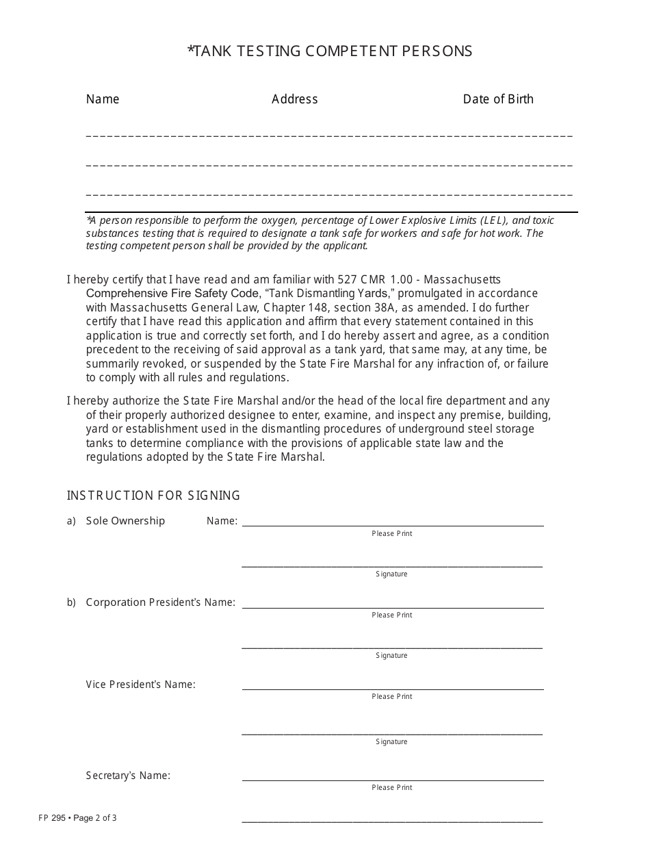 Form FP-295 Application for Tank Dismantling Yard - Massachusetts, Page 2