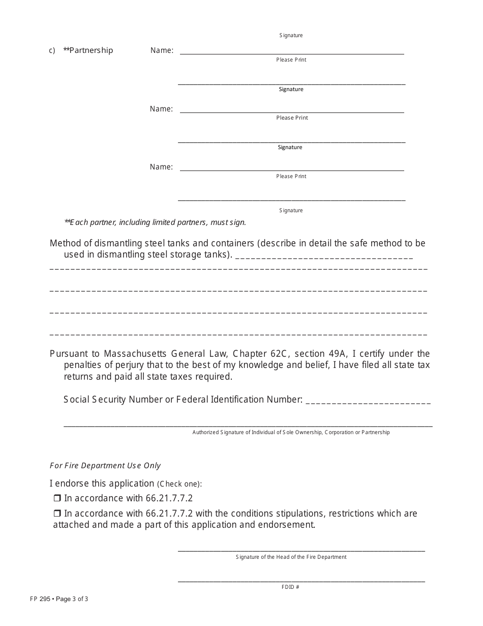 Form FP-295 Application for Tank Dismantling Yard - Massachusetts, Page 3