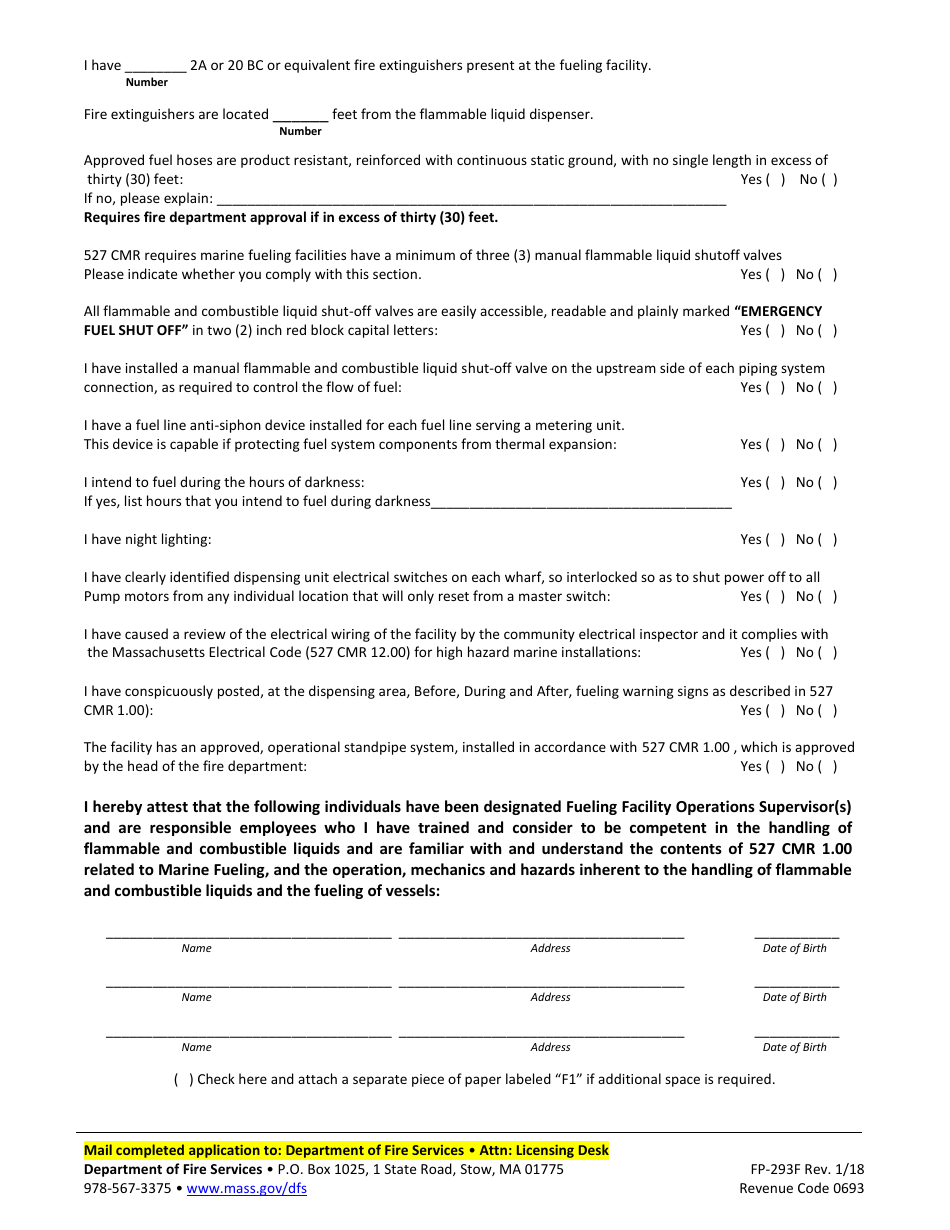 Form FP-293F Fixed Facility Application for Marine Fueling Permit - Massachusetts, Page 2