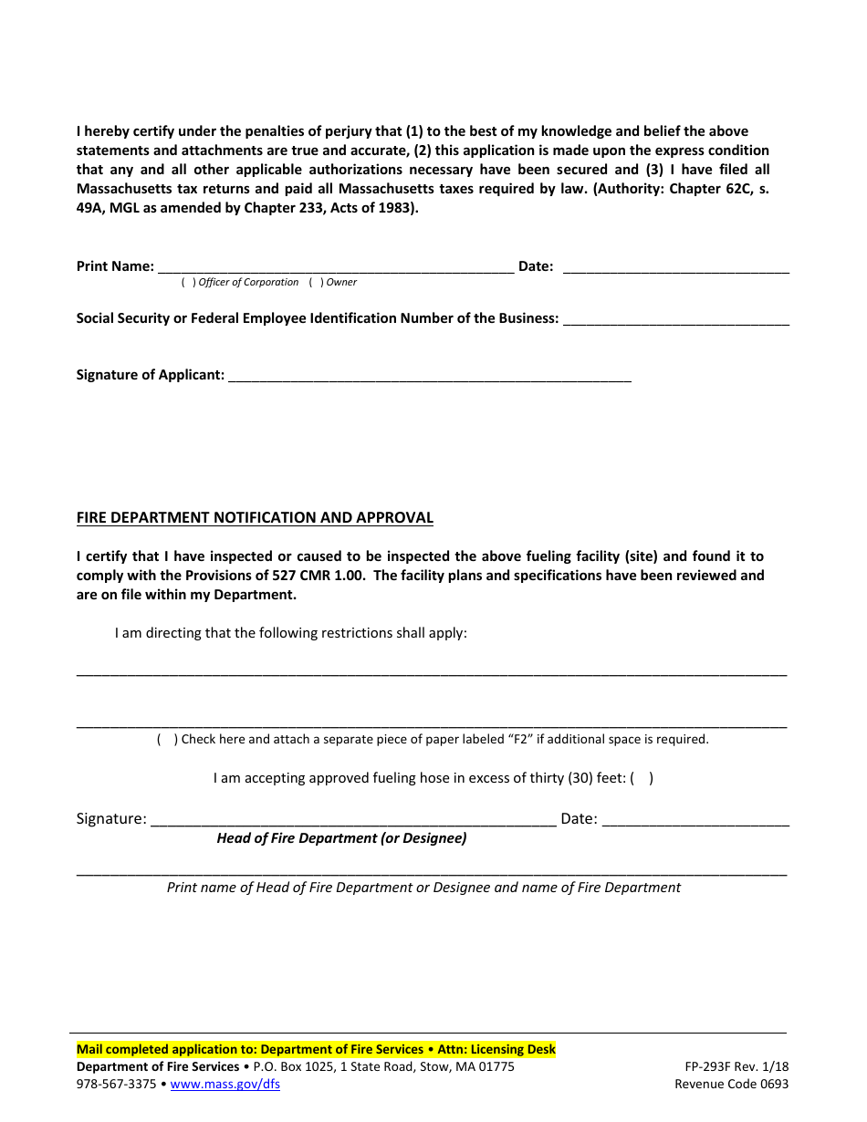 Form FP-293F Fixed Facility Application for Marine Fueling Permit - Massachusetts, Page 3