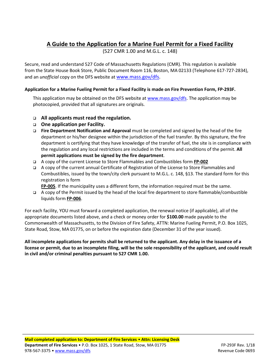 Form FP-293F Fixed Facility Application for Marine Fueling Permit - Massachusetts, Page 4