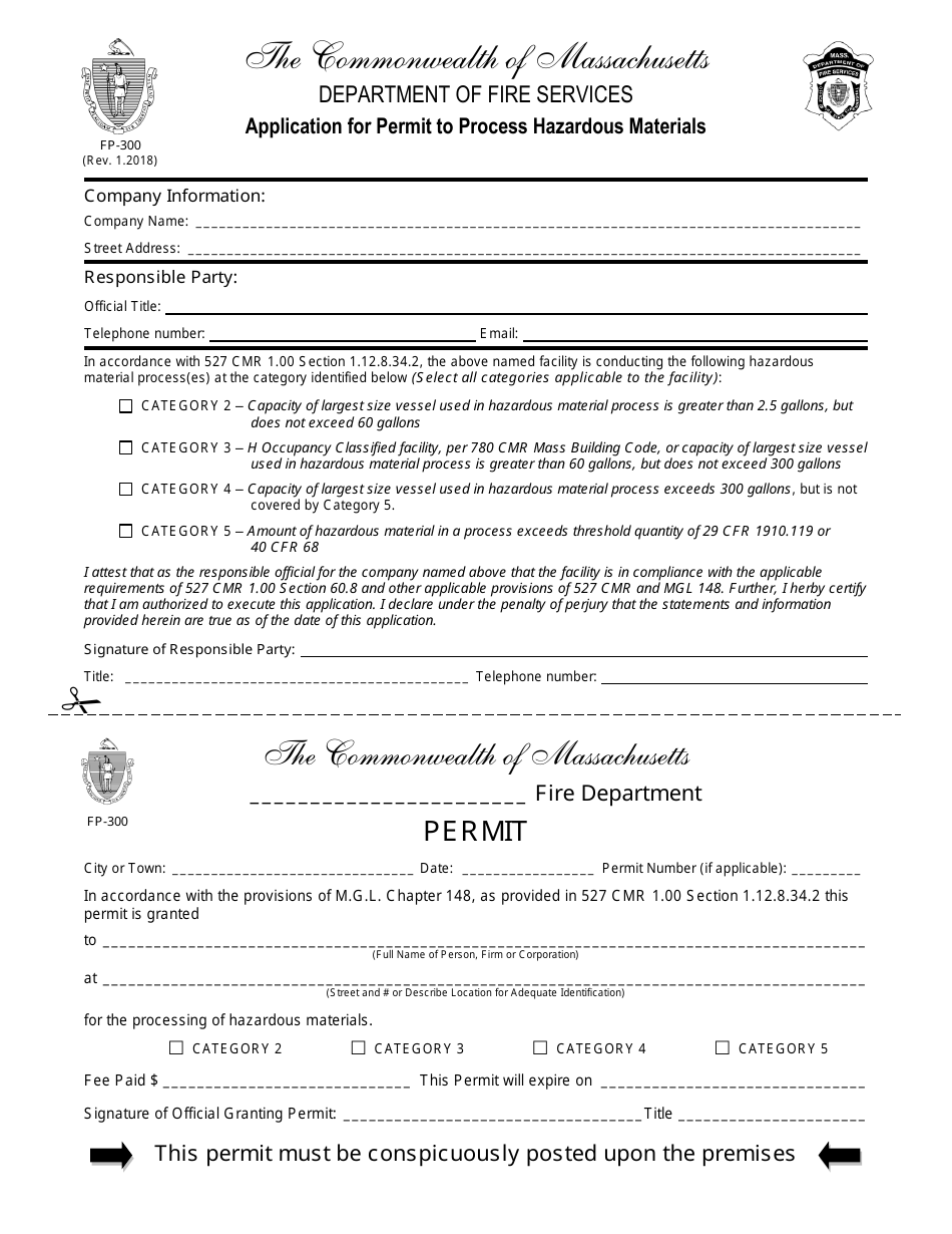Form FP-300 Application for Permit to Process Hazardous Materials - Massachusetts, Page 1