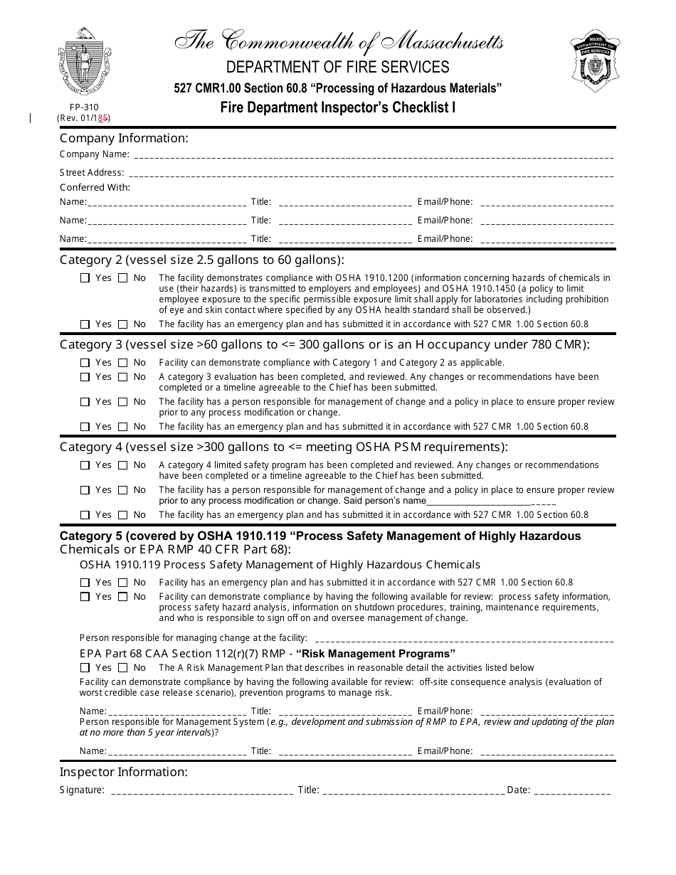 Form FP-310 Fire Department Inspectors Checklist I - Massachusetts, Page 1