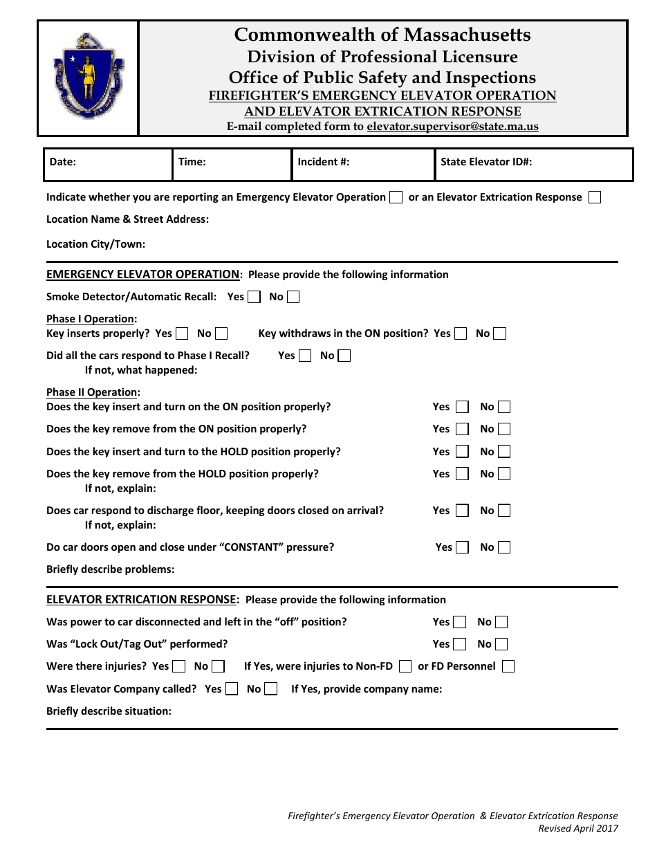 Form FP-3502 Firefighters Emergency Elevator Operation and Elevator Extrication Response - Massachusetts, Page 1