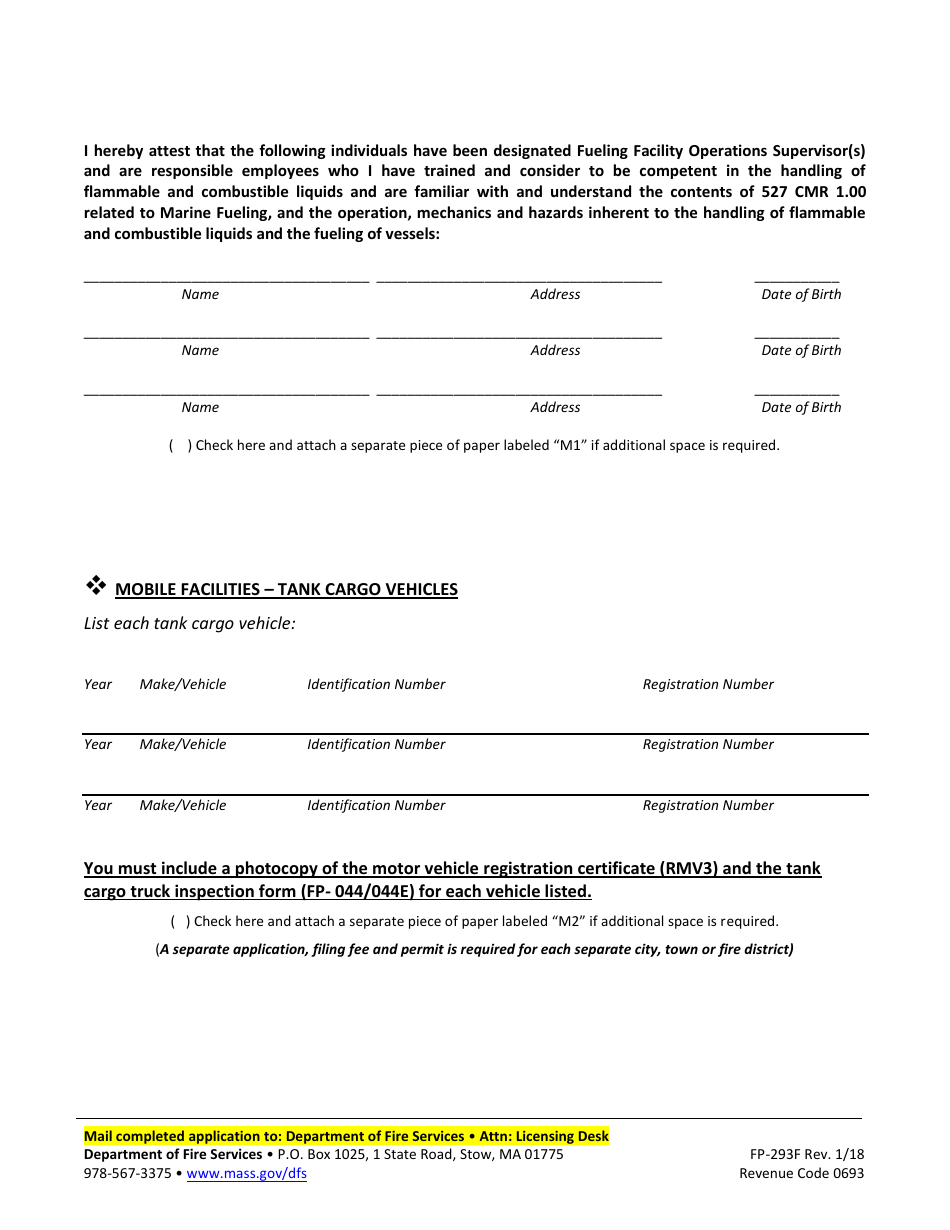 Form FP-293M Mobile Facility Application for Marine Fueling Permit - Massachusetts, Page 2