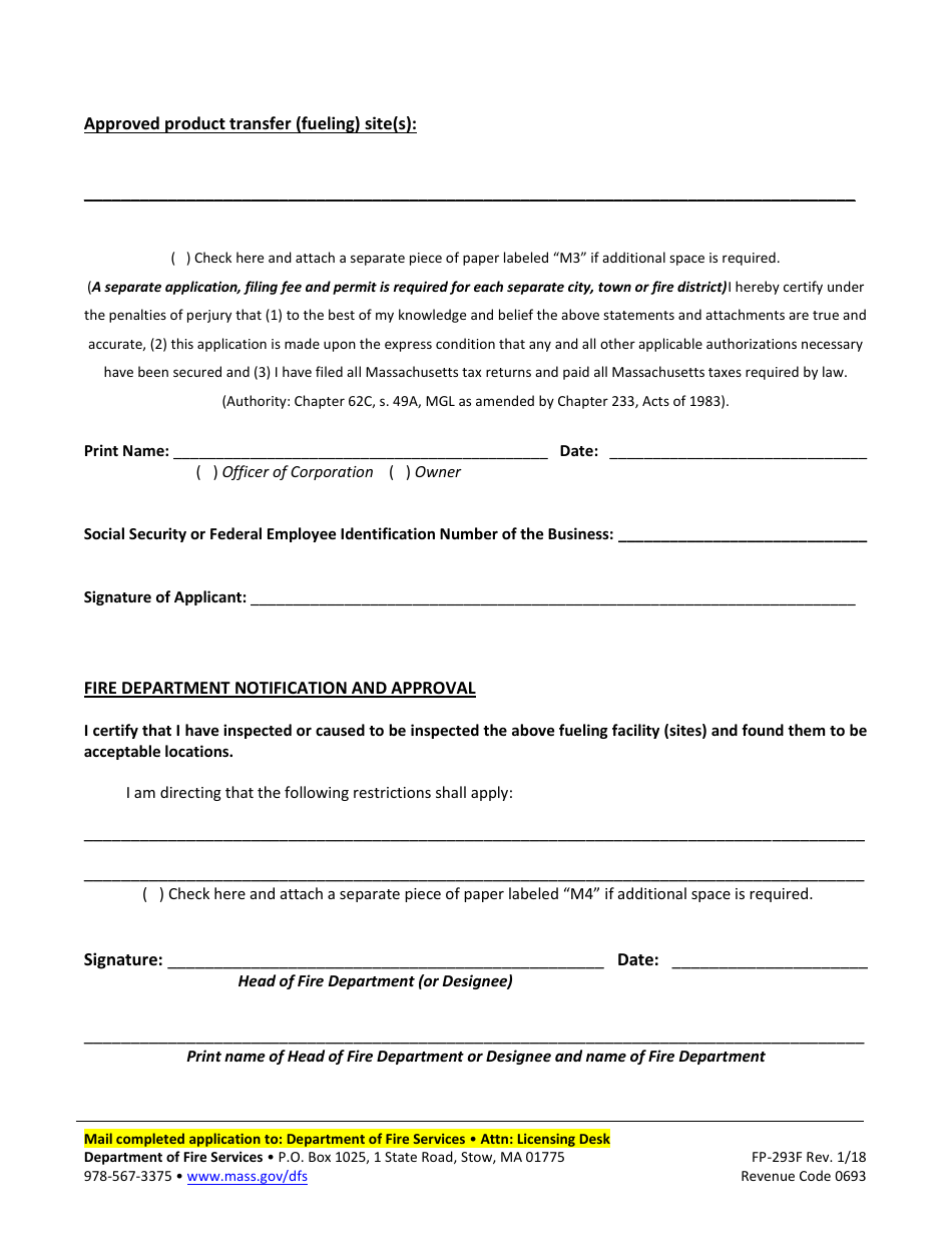 Form FP-293M Mobile Facility Application for Marine Fueling Permit - Massachusetts, Page 3