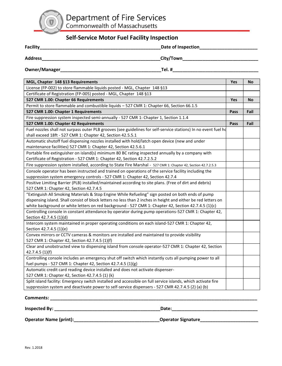 Self-service Motor Fuel Facility Inspection Form - Massachusetts, Page 1