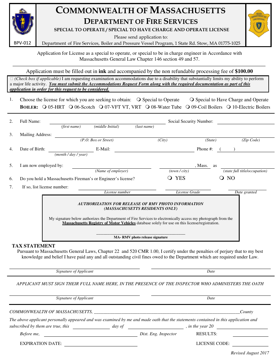 Form BPV-012 Application to Examine for Special Engineer Licenses - Massachusetts, Page 1