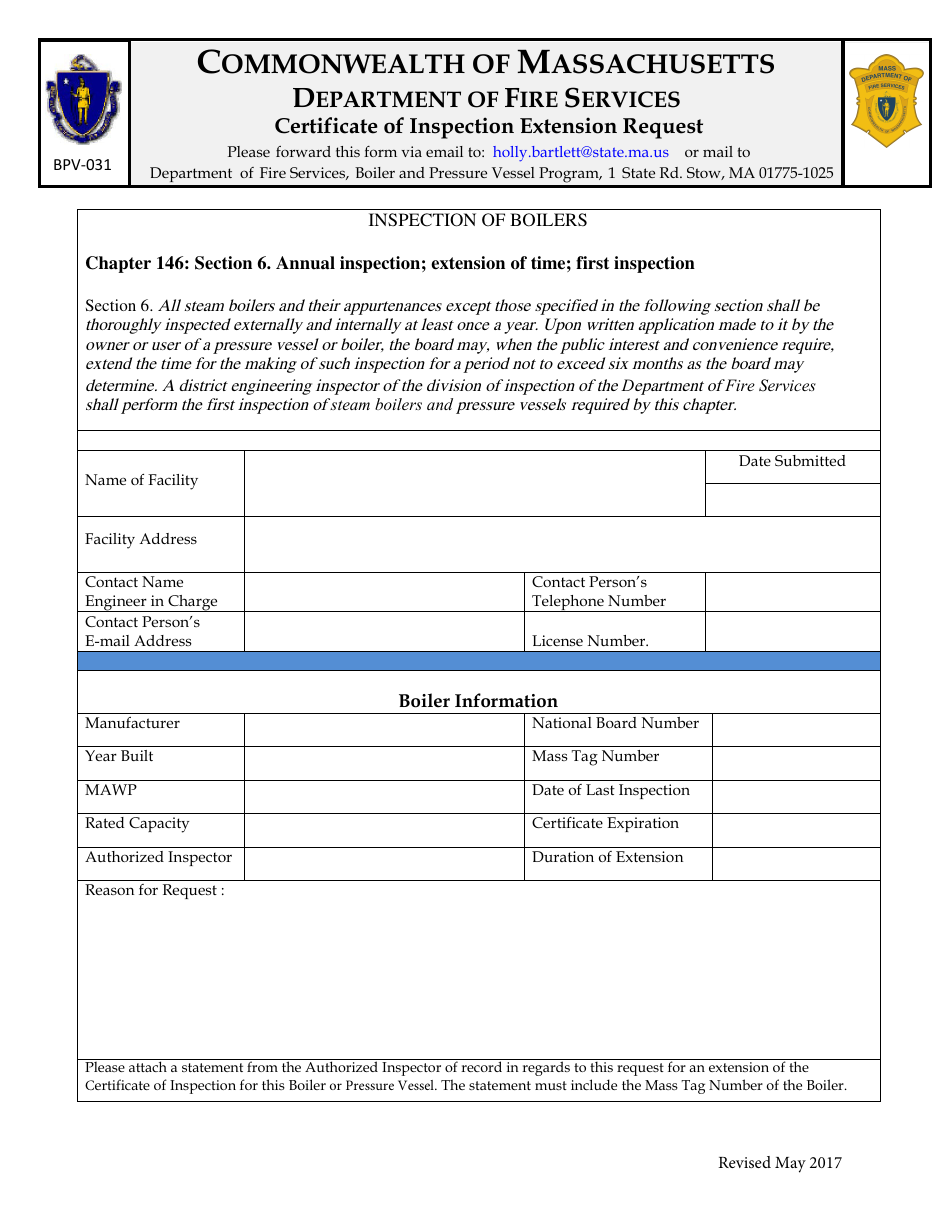 Form BPV-031 Certificate of Inspection Extension Request - Massachusetts, Page 1