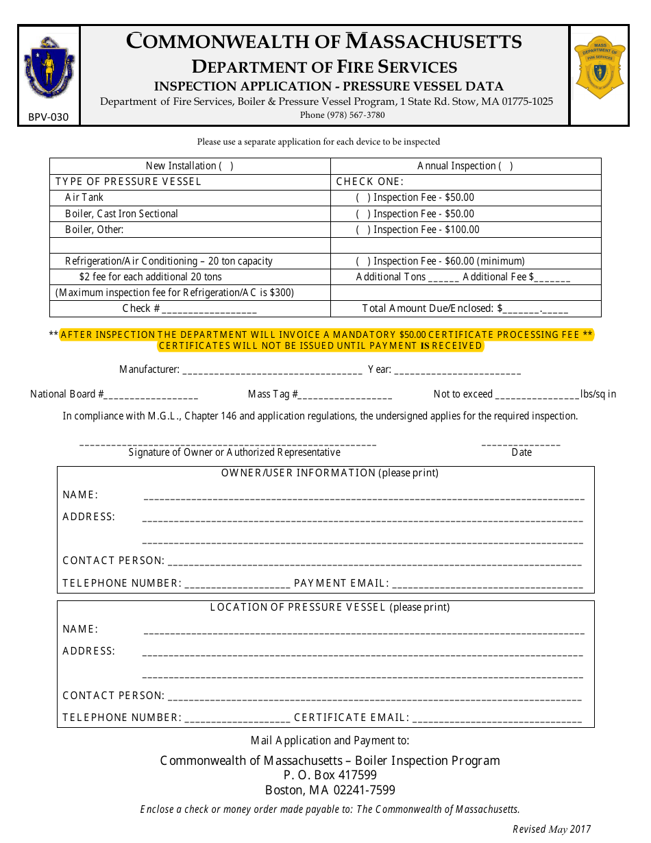 Form BPV-030 Inspection Application - Pressure Vessel Data - Massachusetts, Page 1