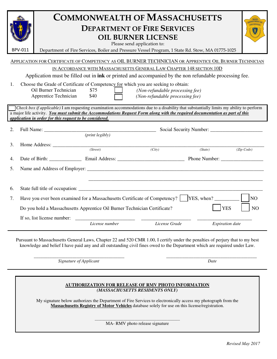Form BPV-011 Application for Certificate of Competency as Oil Burner Technician or Apprentice Oil Burner Technician - Massachusetts, Page 1
