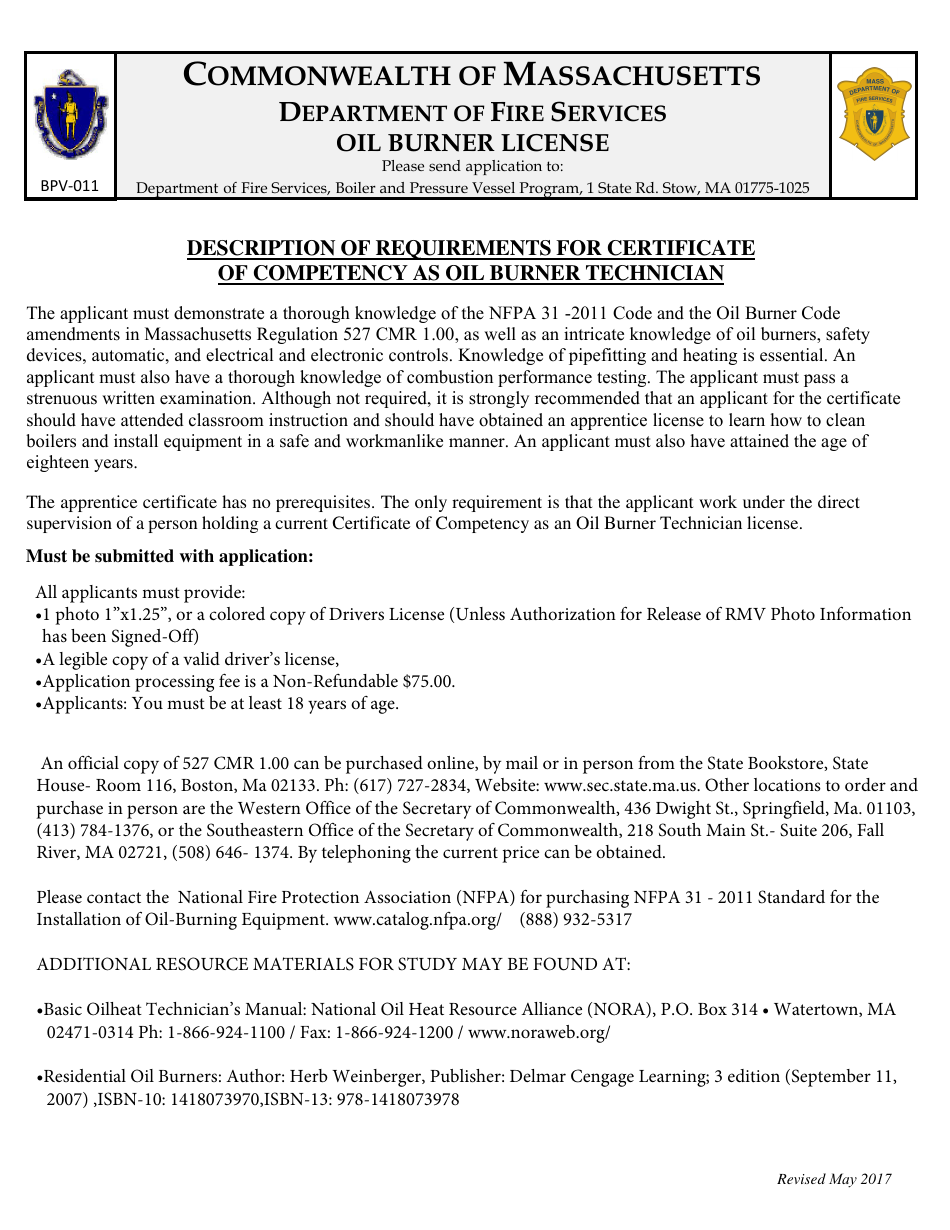 Form BPV-011 Application for Certificate of Competency as Oil Burner Technician or Apprentice Oil Burner Technician - Massachusetts, Page 3