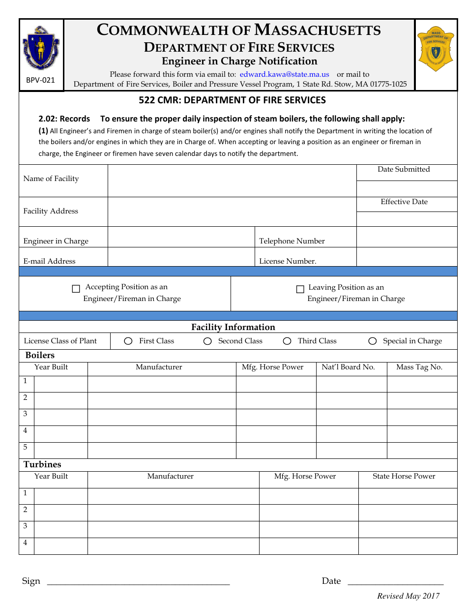 Form BPV-021 Engineer in Charge Notification - Massachusetts, Page 1