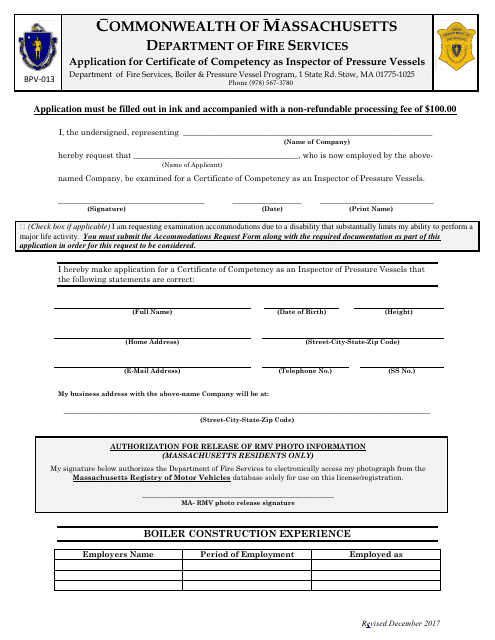 Form BPV-013 Application for Certificate of Competency as Inspector of Pressure Vessels - Massachusetts