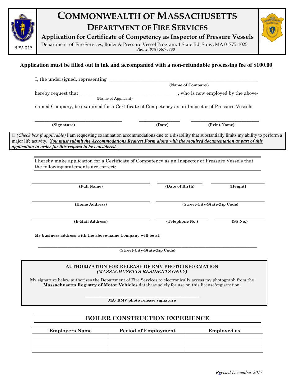Form BPV-013 Application for Certificate of Competency as Inspector of Pressure Vessels - Massachusetts, Page 1