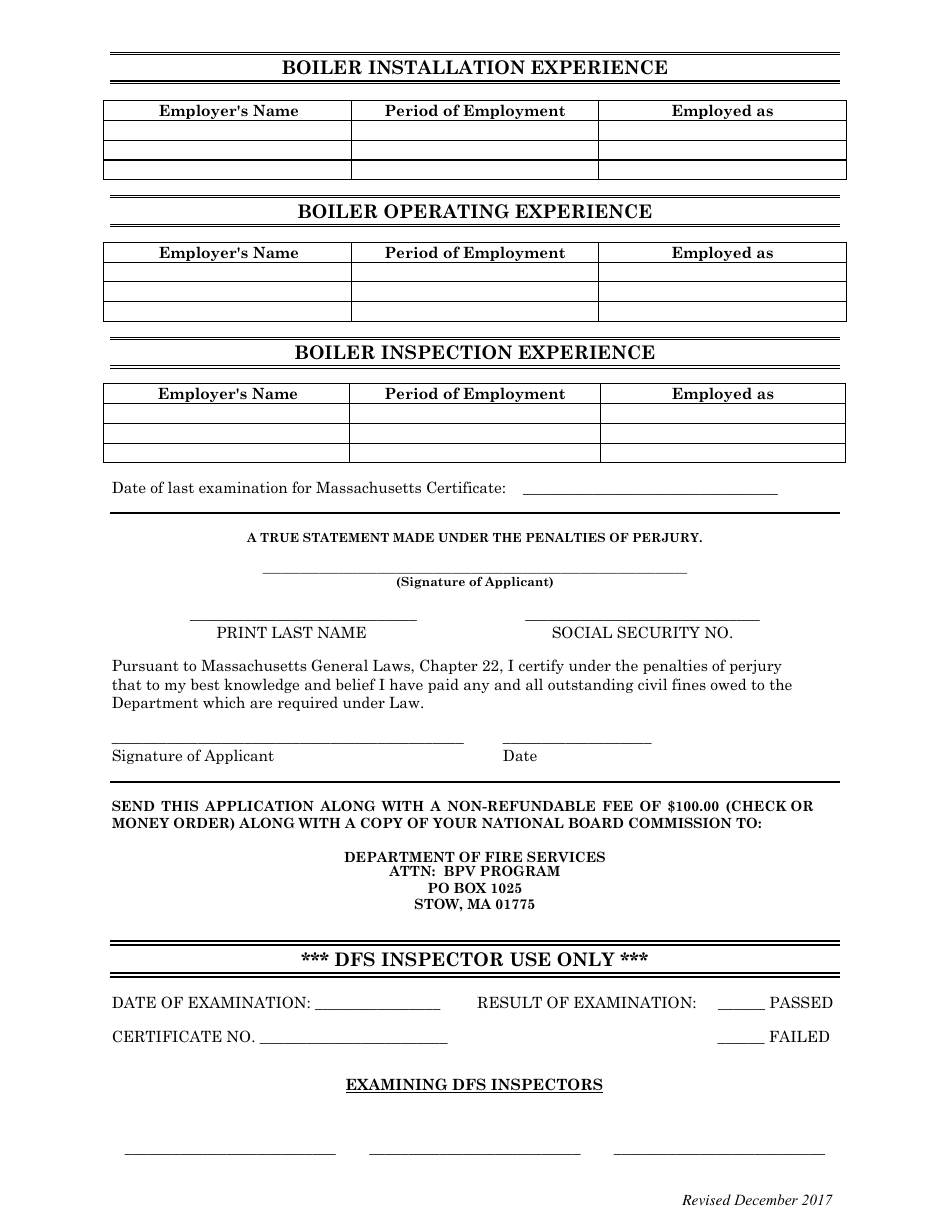 Form BPV-013 Application for Certificate of Competency as Inspector of Pressure Vessels - Massachusetts, Page 2