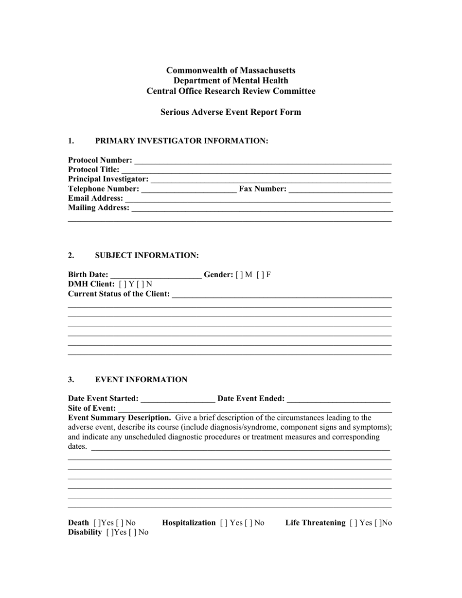 Massachusetts Serious Adverse Event Report Form Download Printable Pdf Templateroller 3811