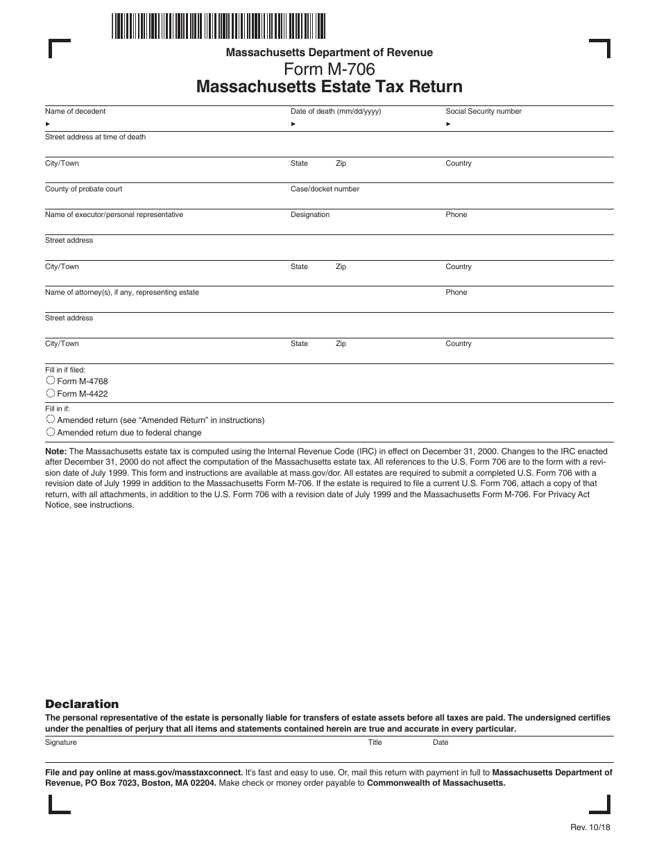 Form M-706 Massachusetts Estate Tax Return - Massachusetts, Page 1