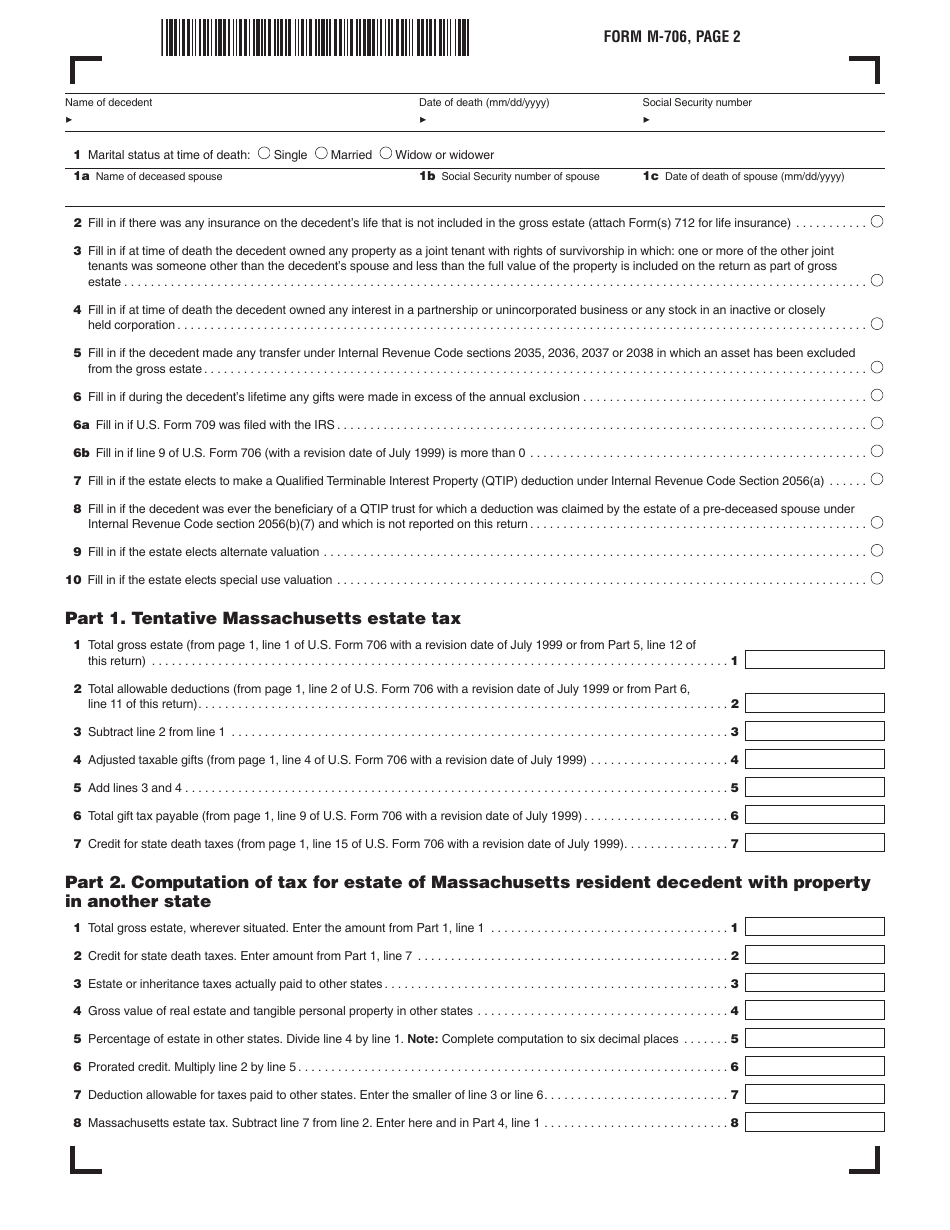Form M-706 Massachusetts Estate Tax Return - Massachusetts, Page 2