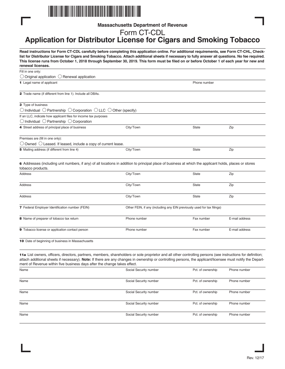 Form CT-CDL Application for Distributor License for Cigars and Smoking Tobacco - Massachusetts, Page 1