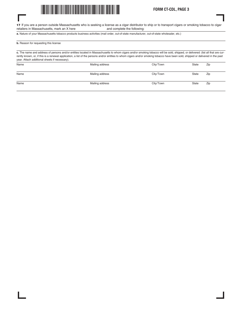 Form CT-CDL Application for Distributor License for Cigars and Smoking Tobacco - Massachusetts, Page 3