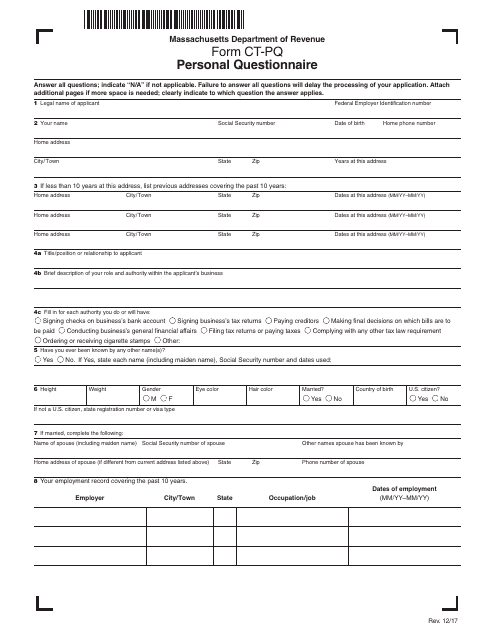 Form CT-PQ Personal Questionnaire - Massachusetts
