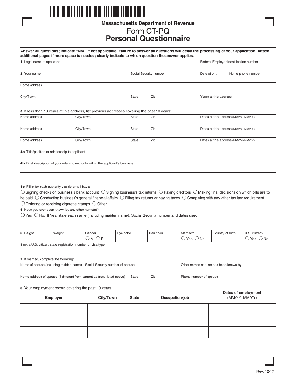 Form CT-PQ Personal Questionnaire - Massachusetts, Page 1