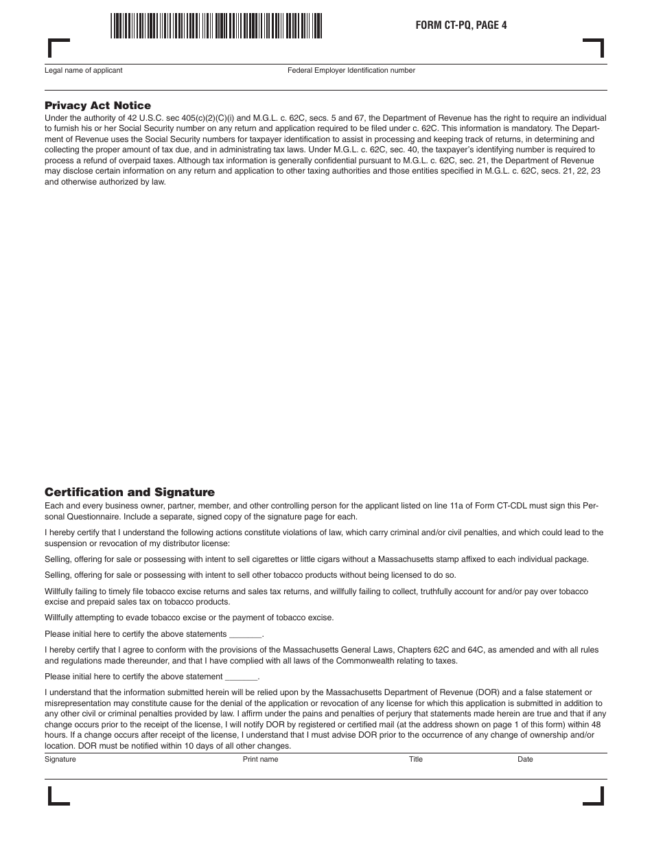 Form CT-PQ Personal Questionnaire - Massachusetts, Page 4