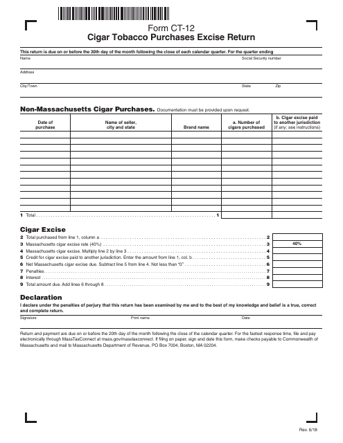 Form CT-12 Cigar Tobacco Purchases Excise Return - Massachusetts