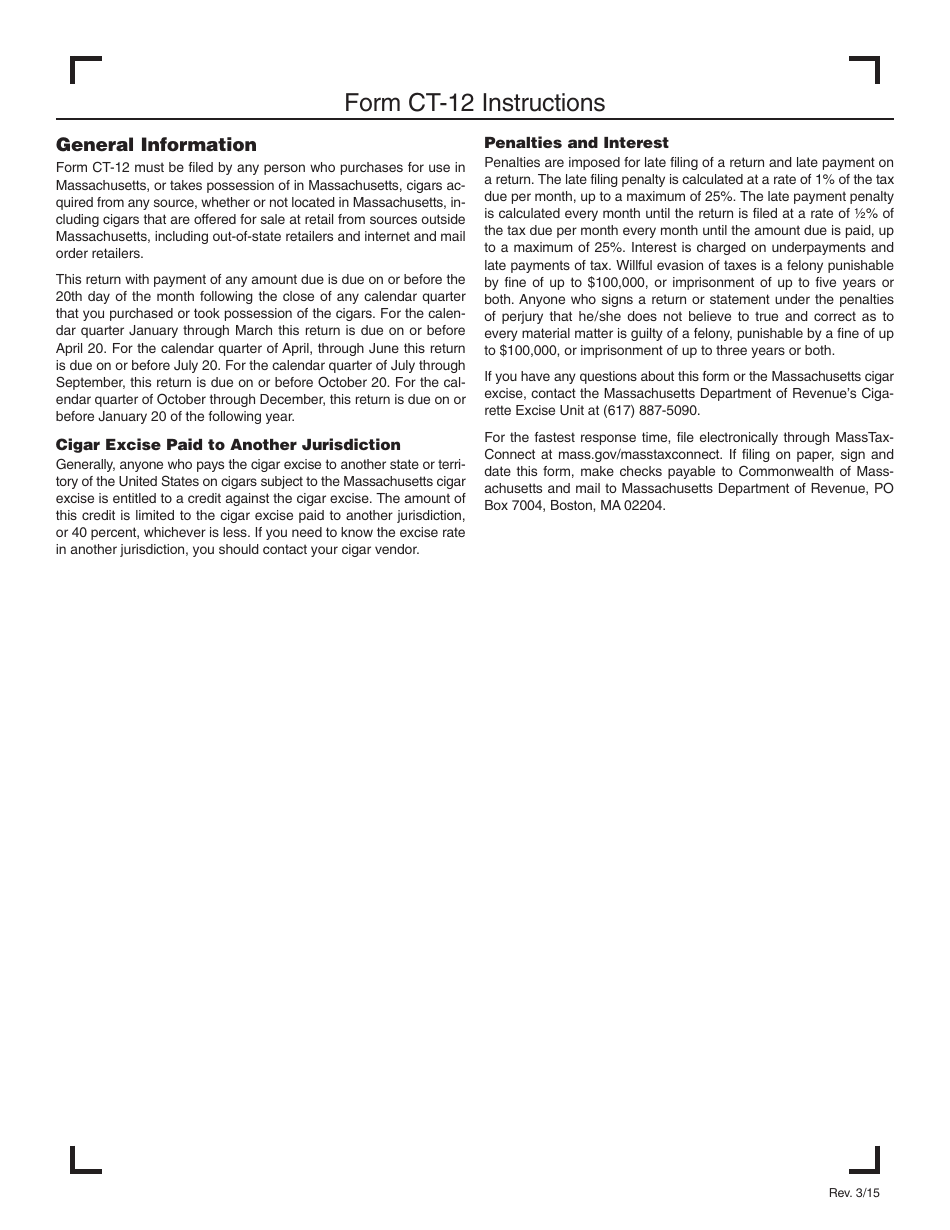 Form CT-12 Cigar Tobacco Purchases Excise Return - Massachusetts, Page 2