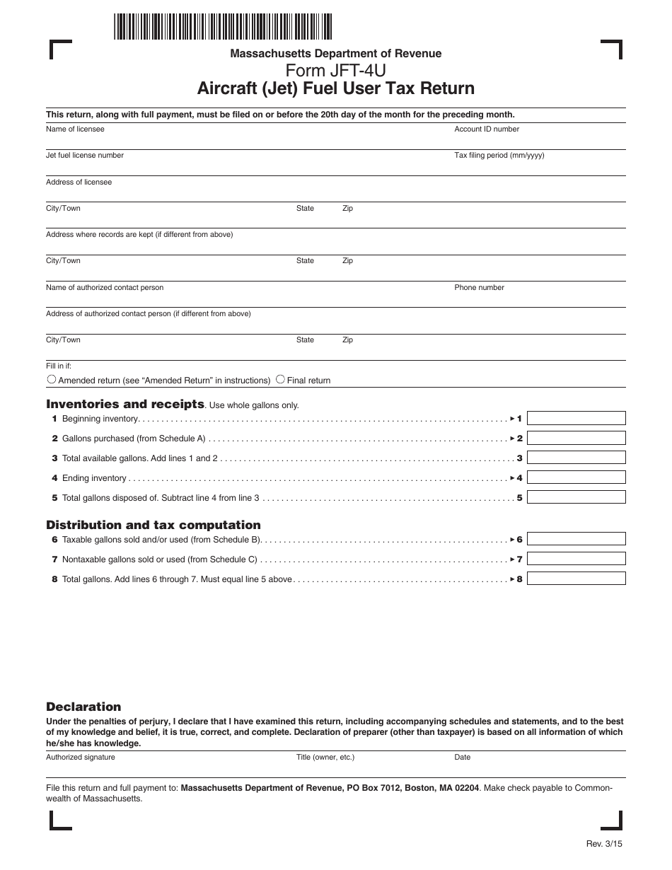 Form JFT-4U Aircraft (Jet) Fuel User Tax Return - Massachusetts, Page 1