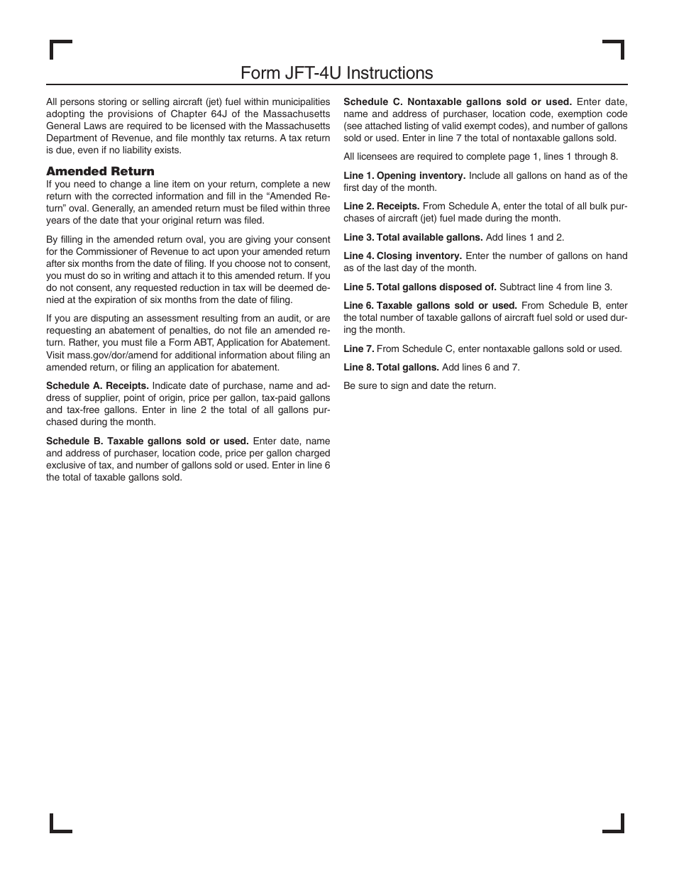 Form JFT-4U Aircraft (Jet) Fuel User Tax Return - Massachusetts, Page 4