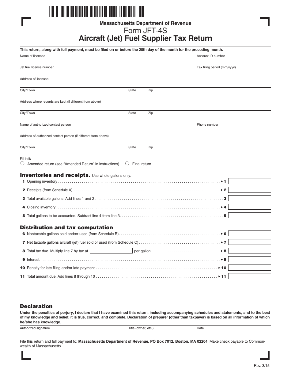 Form JFT-4S Aircraft (Jet) Fuel Supplier Tax Return - Massachusetts, Page 1