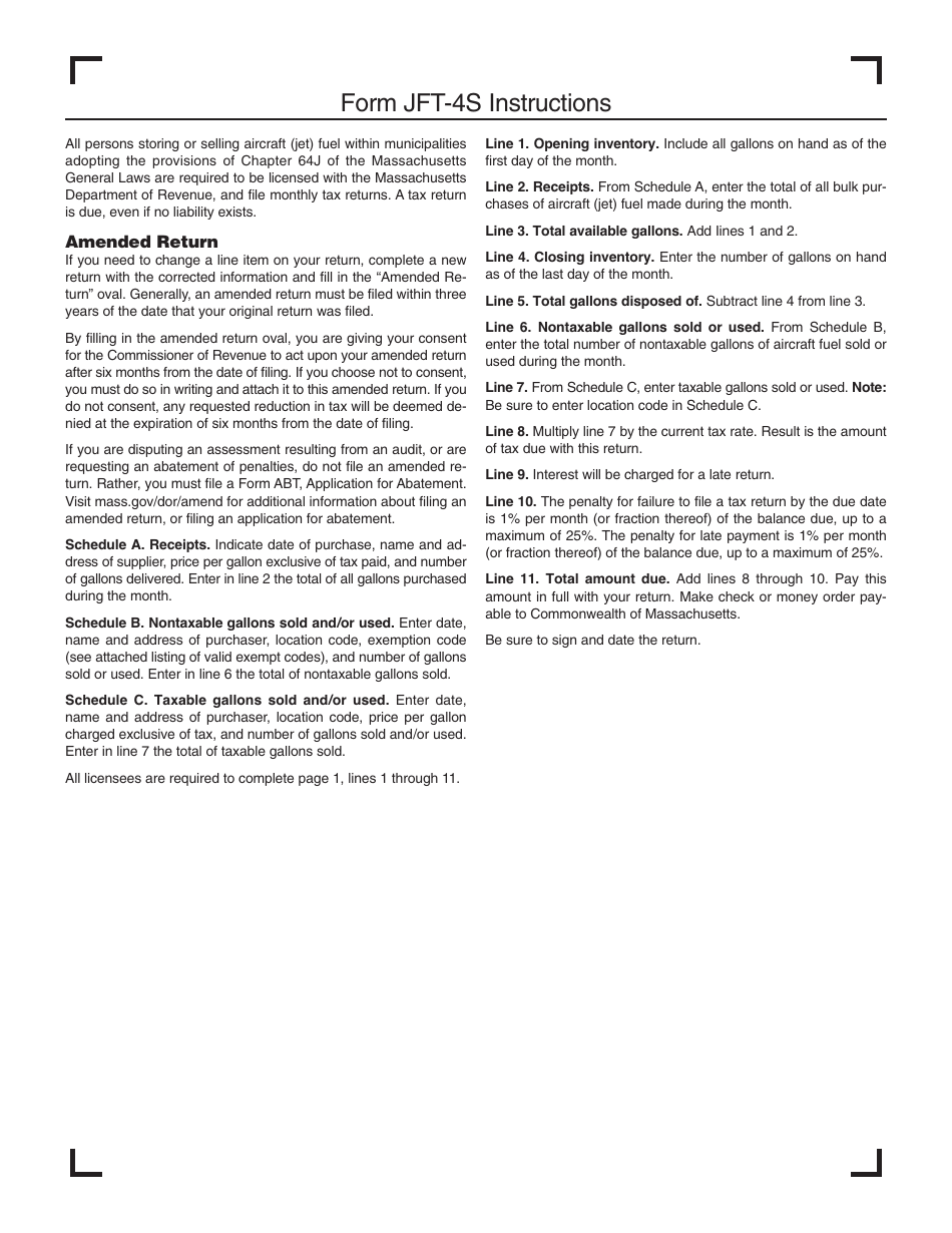 Form JFT-4S Aircraft (Jet) Fuel Supplier Tax Return - Massachusetts, Page 4