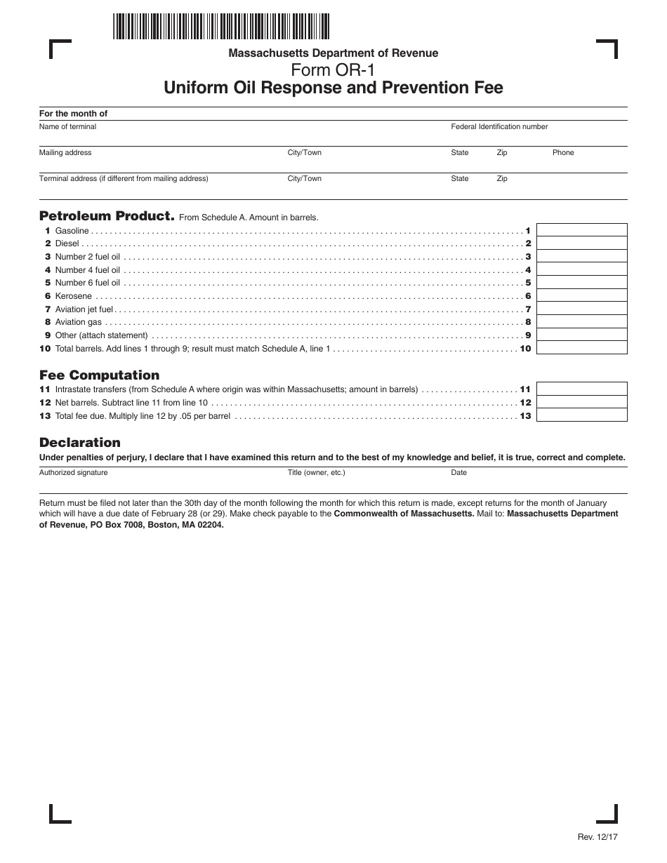 Form OR-1 Uniform Oil Response and Prevention Fee - Massachusetts, Page 1