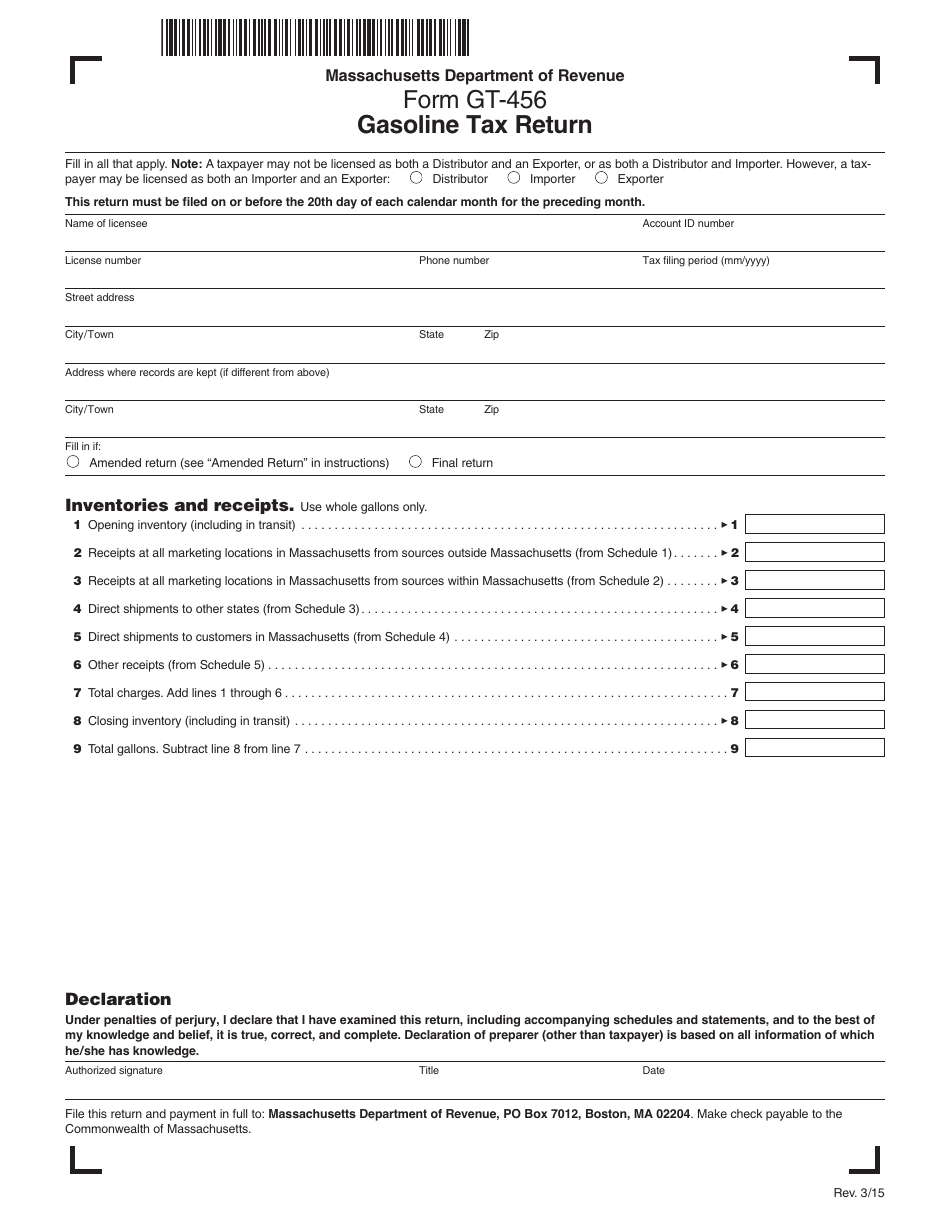 Form GT-456 Gasoline Tax Return - Massachusetts, Page 1