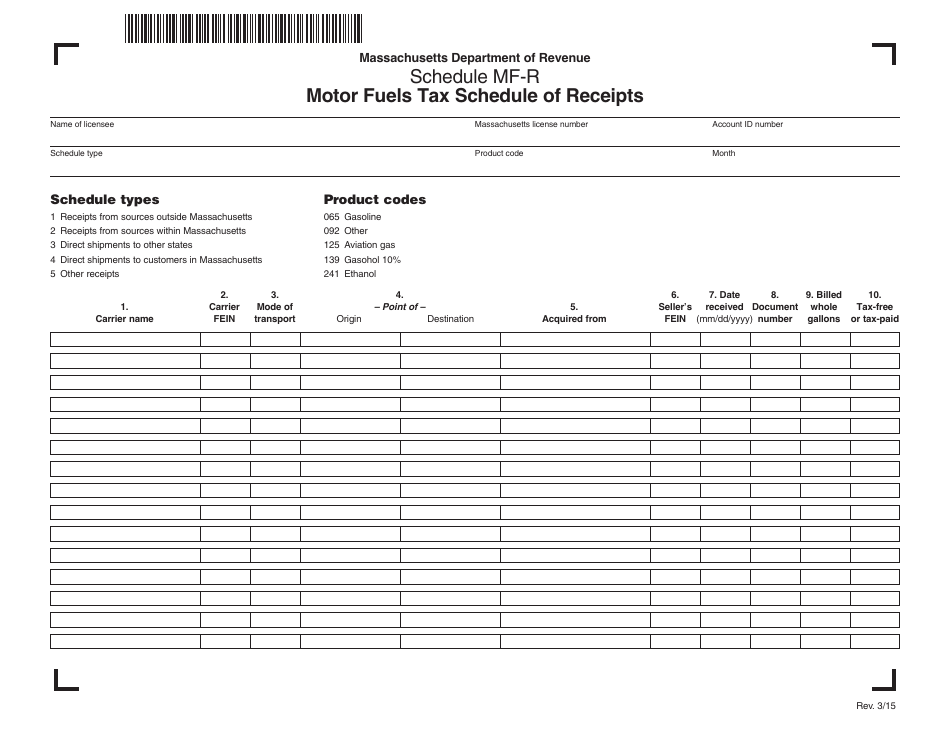 Schedule MF-R Motor Fuels Tax Schedule of Receipts - Massachusetts, Page 1