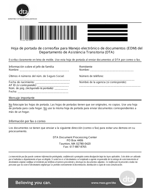 Hoja De Portada De Correo/Fax Para Manejo Electronico De Documentos (Edm) Del Departamento De Asistencia Transitoria (Dta) - Massachusetts (Spanish)