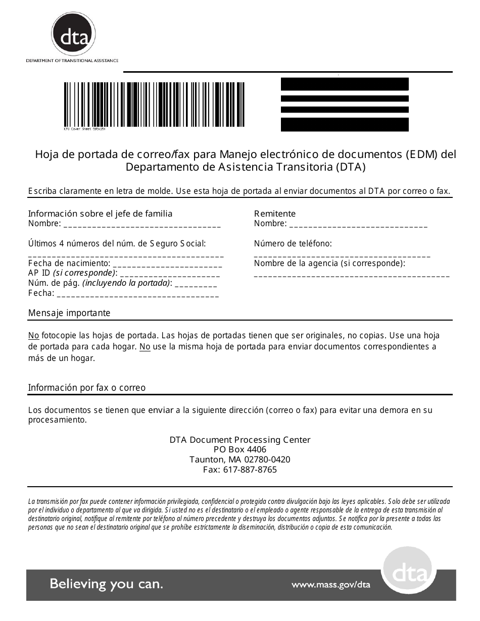Hoja De Portada De Correo / Fax Para Manejo Electronico De Documentos (Edm) Del Departamento De Asistencia Transitoria (Dta) - Massachusetts (Spanish), Page 1