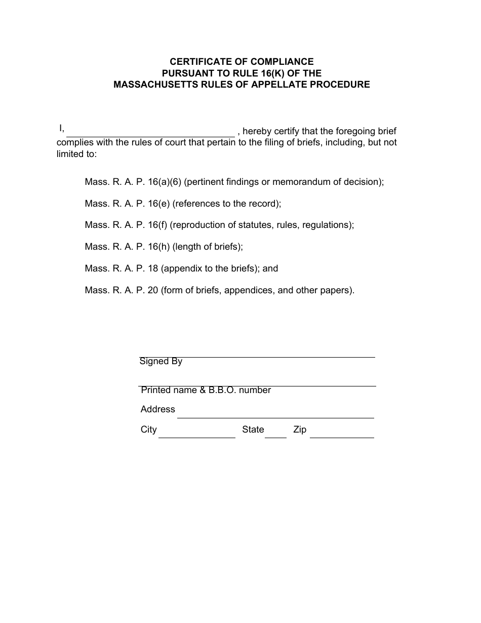 Certificate of Compliance Pursuant to Rule 16(K) of the Massachusetts Rules of Appellate Procedure - Massachusetts, Page 1