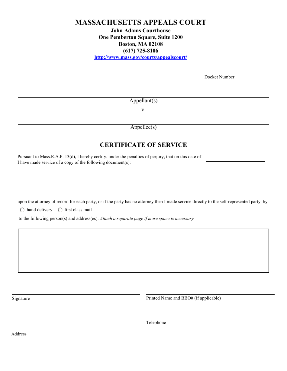 Certificate of Service - Massachusetts, Page 1