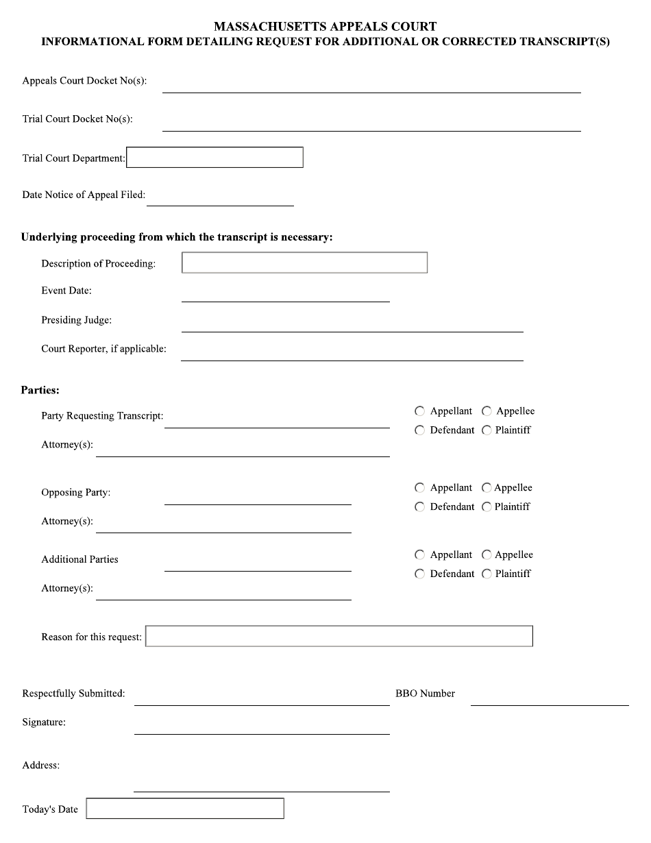 Massachusetts Motion for Additional or Corrected Transcript(S) in ...